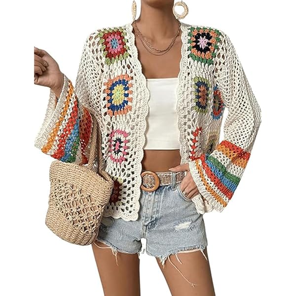 SHENHE Women's Floral Crochet Cardigan Hollow Out Open Front Long